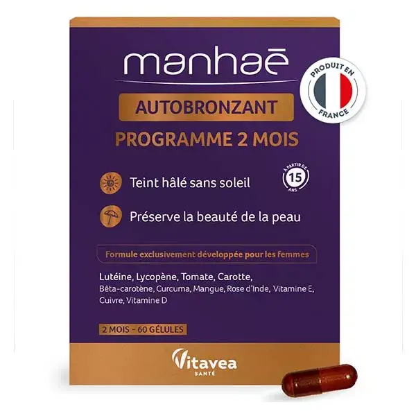 Manhaé - Autobronzeador - Pele bronzeada sem sol - Preserva a beleza da pele - 60 cápsulas