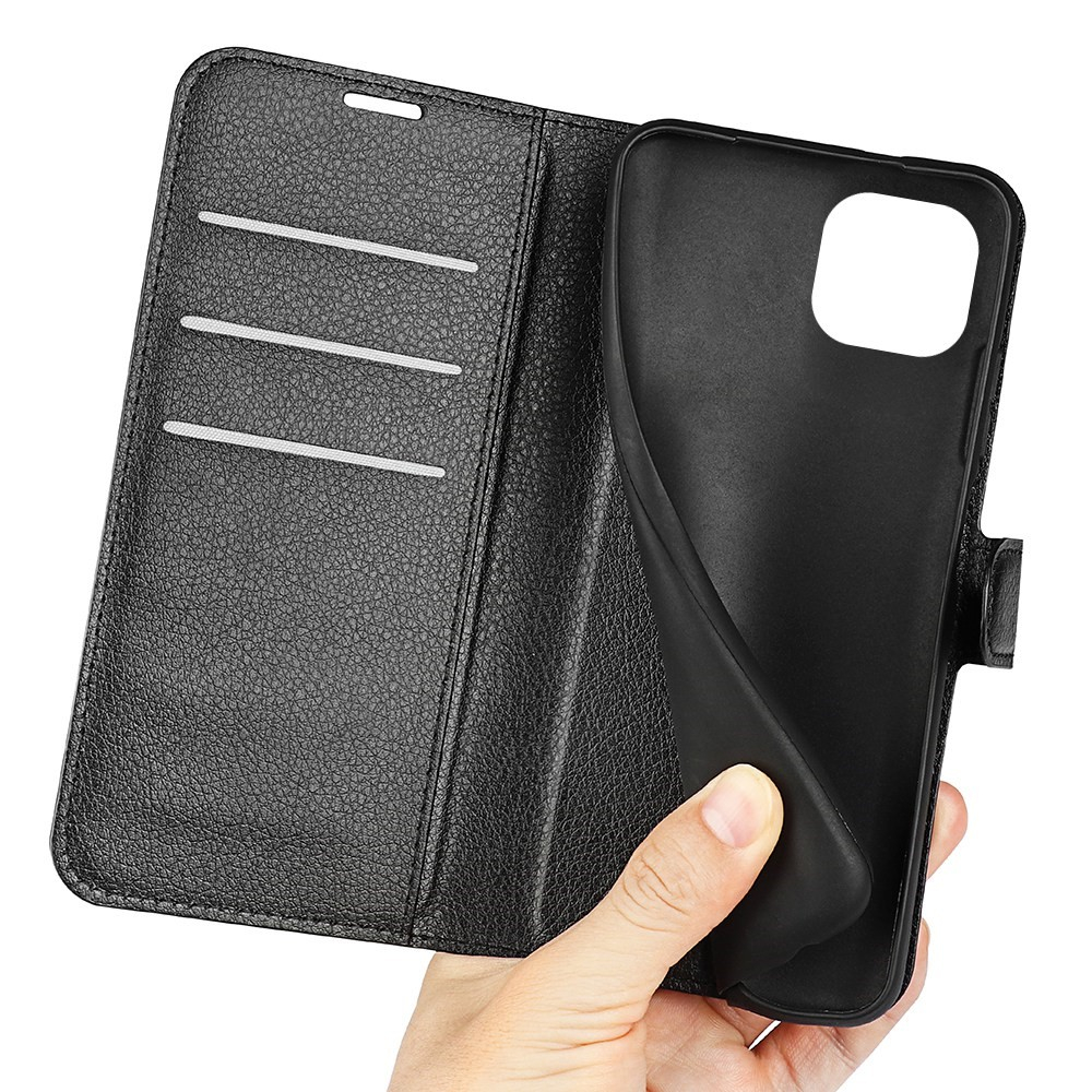 iPhone 14 Leder Tasche Flip Cover Litchi Look - Schwarz