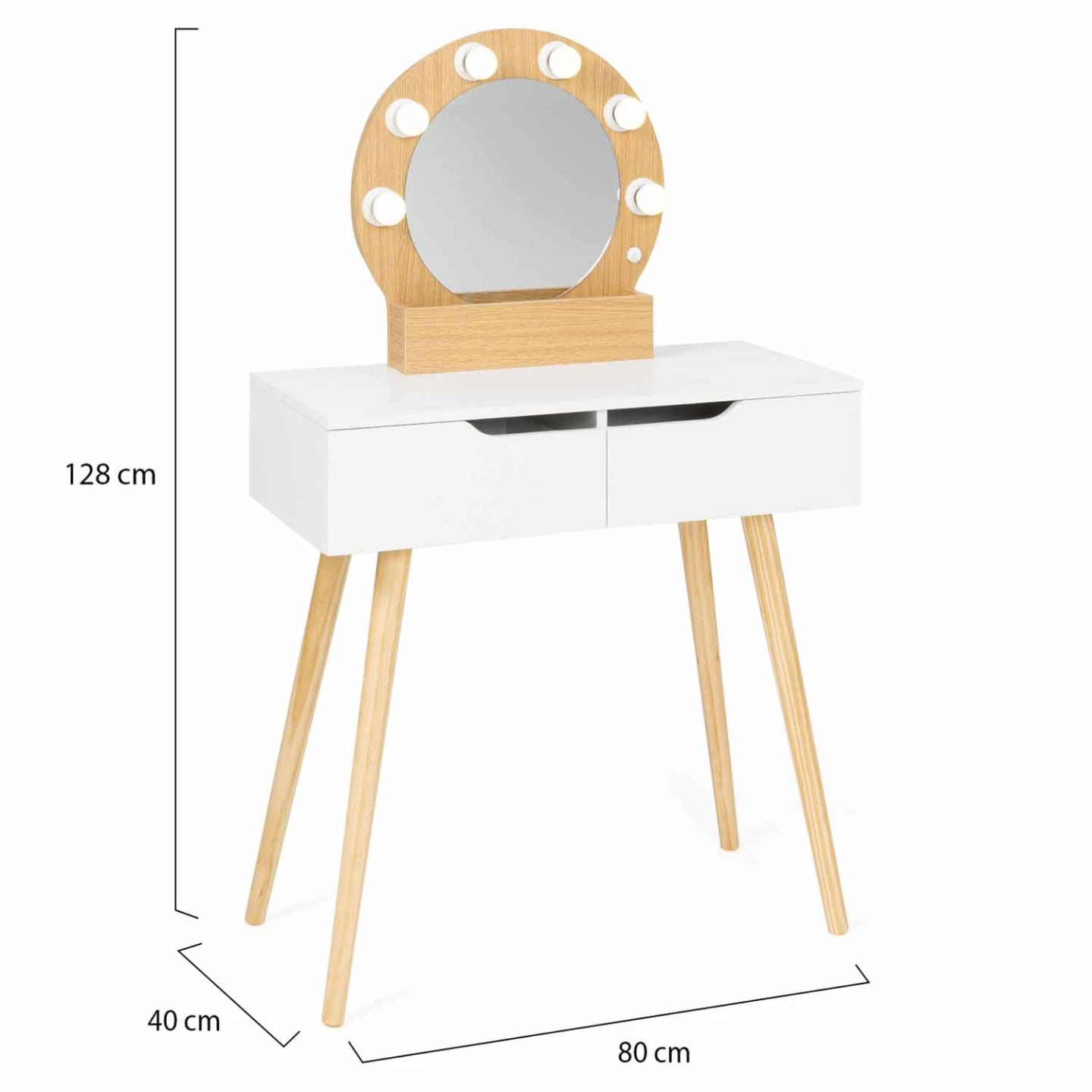Coiffeuse scandinave 2 tiroirs HORIA bois et blanc avec miroir LED