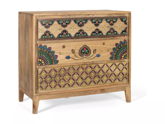 Commode en bois de manguier massif avec détails peints à la main