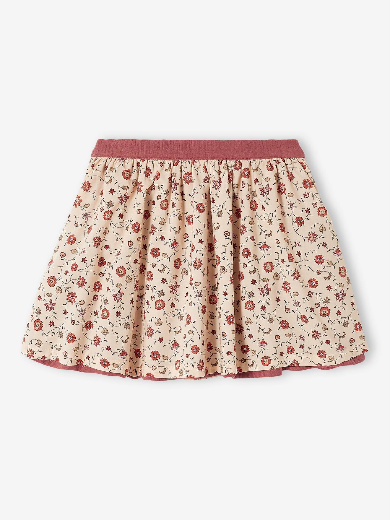 Saia reversível, lisa ou com estampa floral, para meninas, marrom claro liso