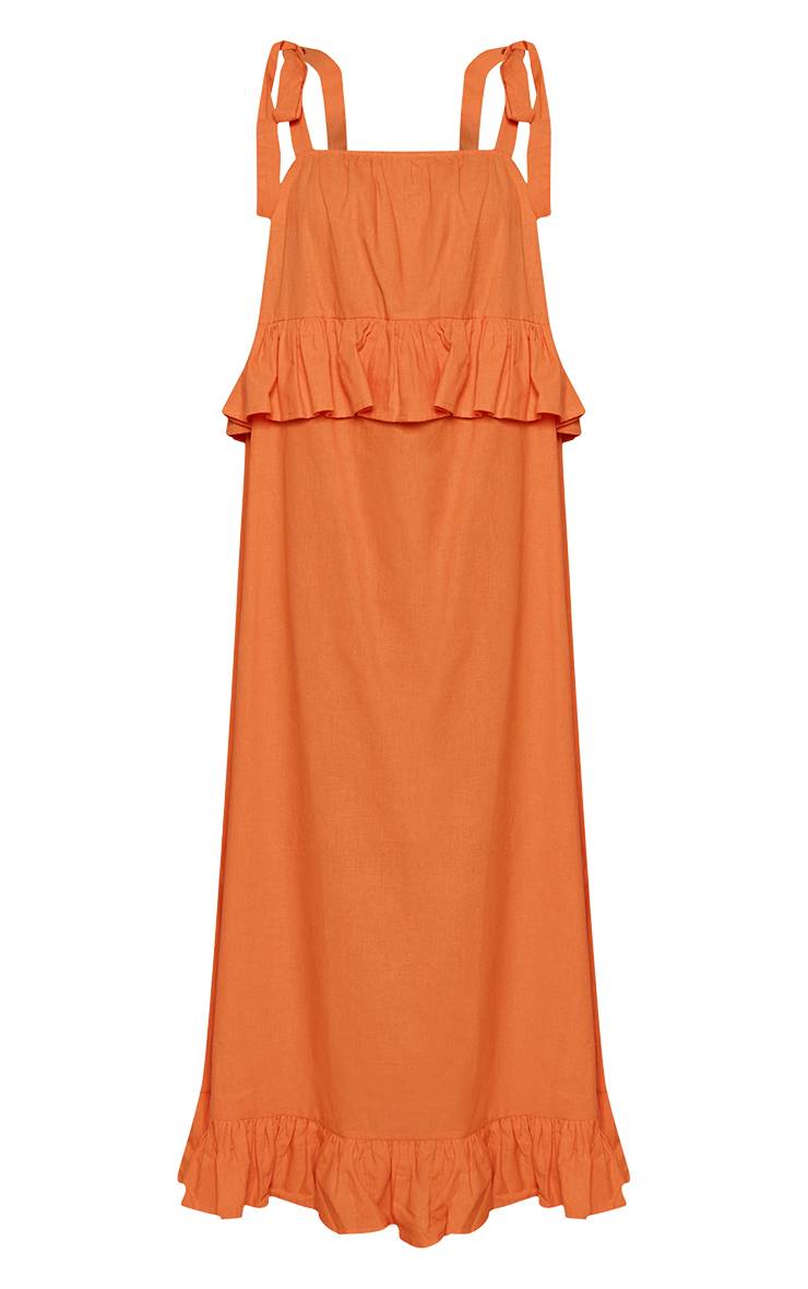 Orange Robe Maxi À Étages Aspect Lin Avec Bretelles Nouées