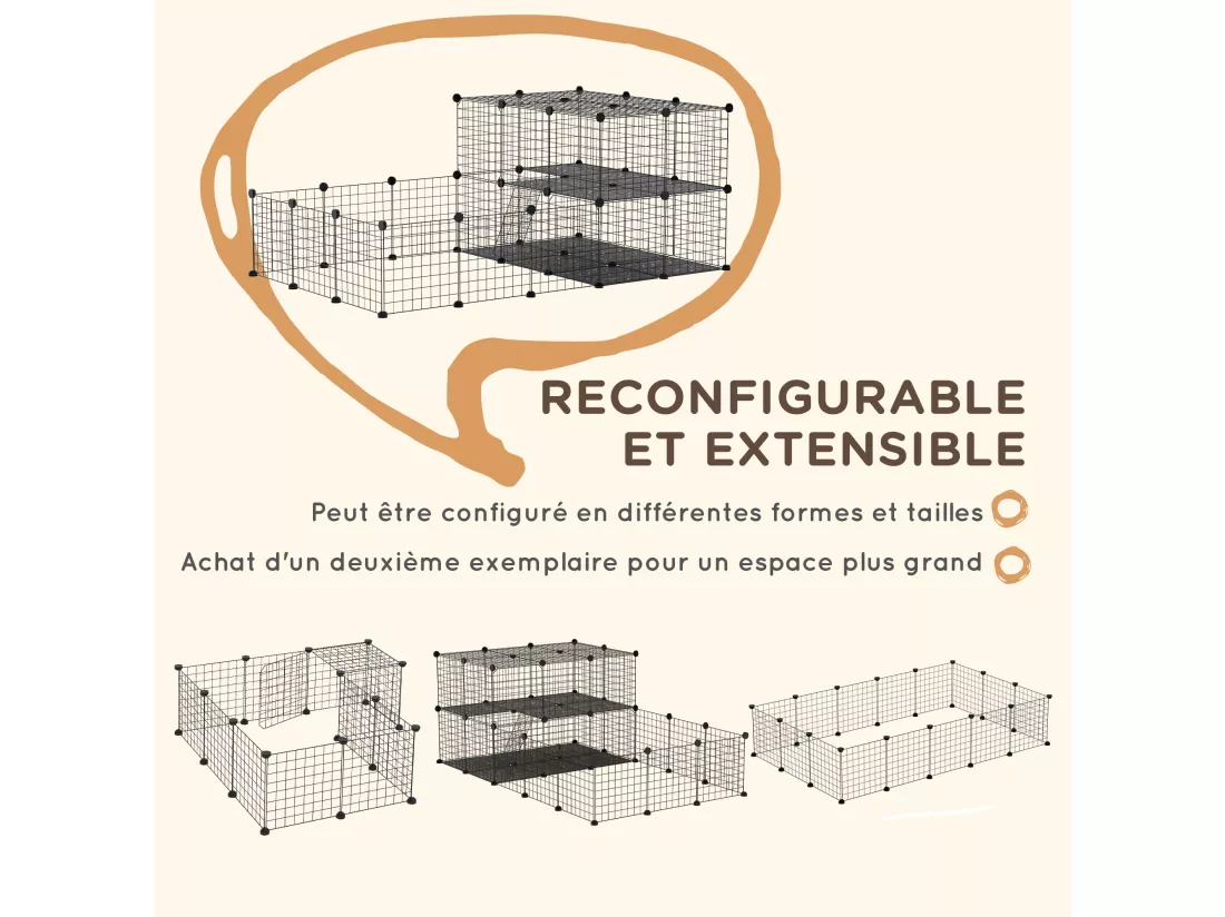 Cage parc enclos rongeurs modulable dim. L 175 x l 105 x H 70 cm 2 niveaux 2 portes rampe résine PP fil métallique noir