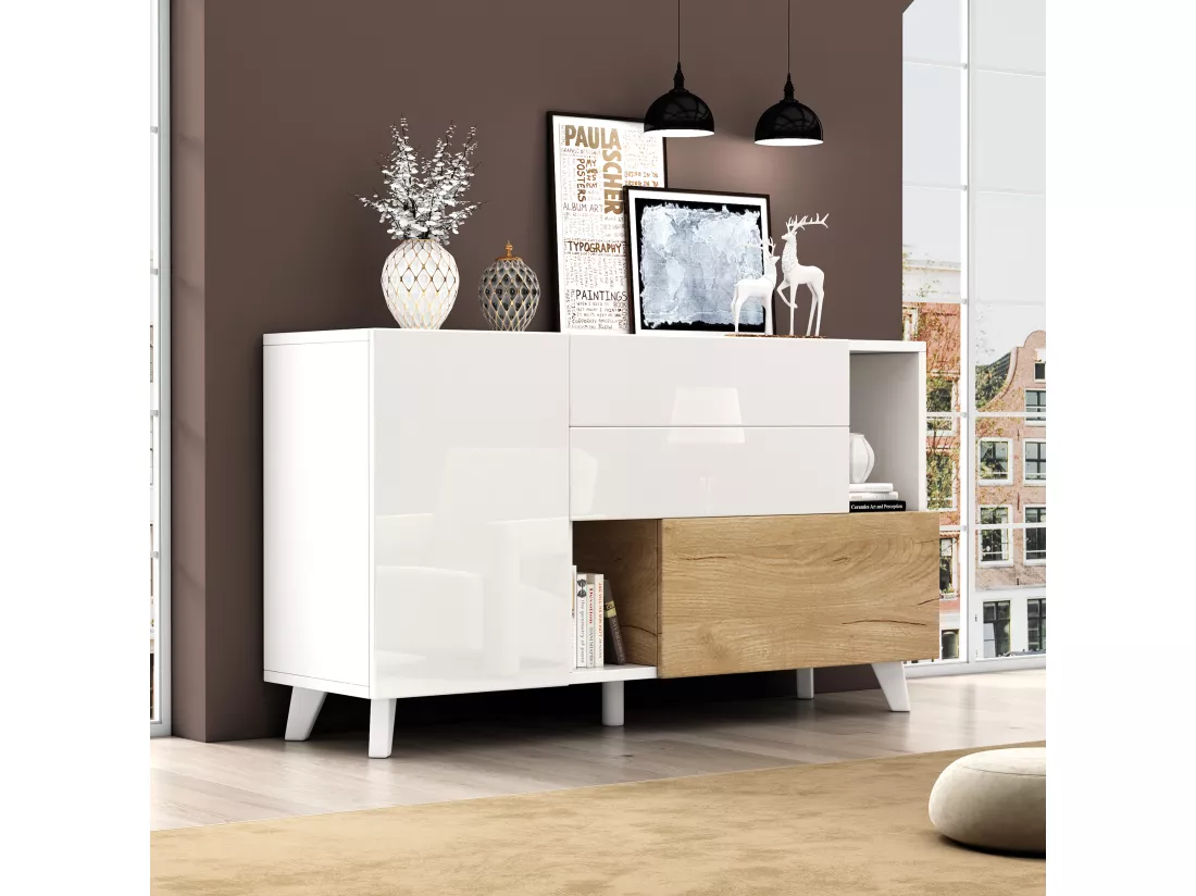 Buffet brillant 130x40x70cm - 2 portes - 2 tiroirs - avec compartiments de rangement - blanc
