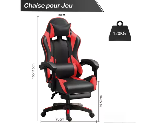 Fauteuil gamer - Chaise gaming - Chaise de bureau ergonomique - Hauteur Réglable - Support lombaire et Repose-pieds - Charge 120 kg - Noir et Rouge