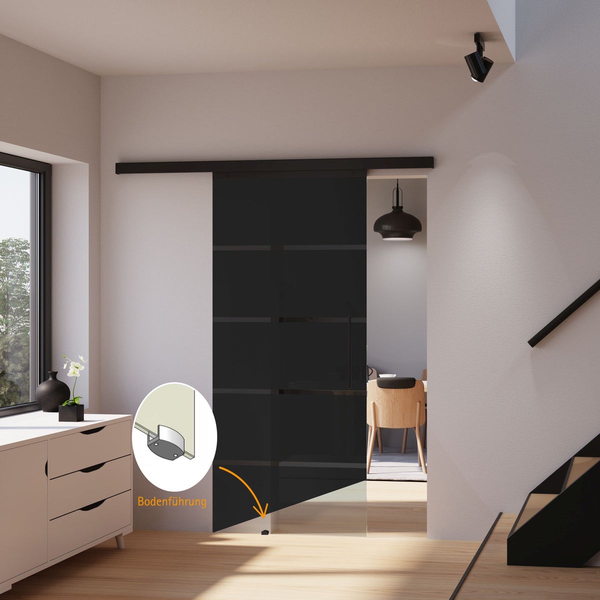 Schuifdeur van glas, zwarte satijnen afwerking, 900x2035 mm, binnendeur, glazen schuifdeur, glazen deur - greep