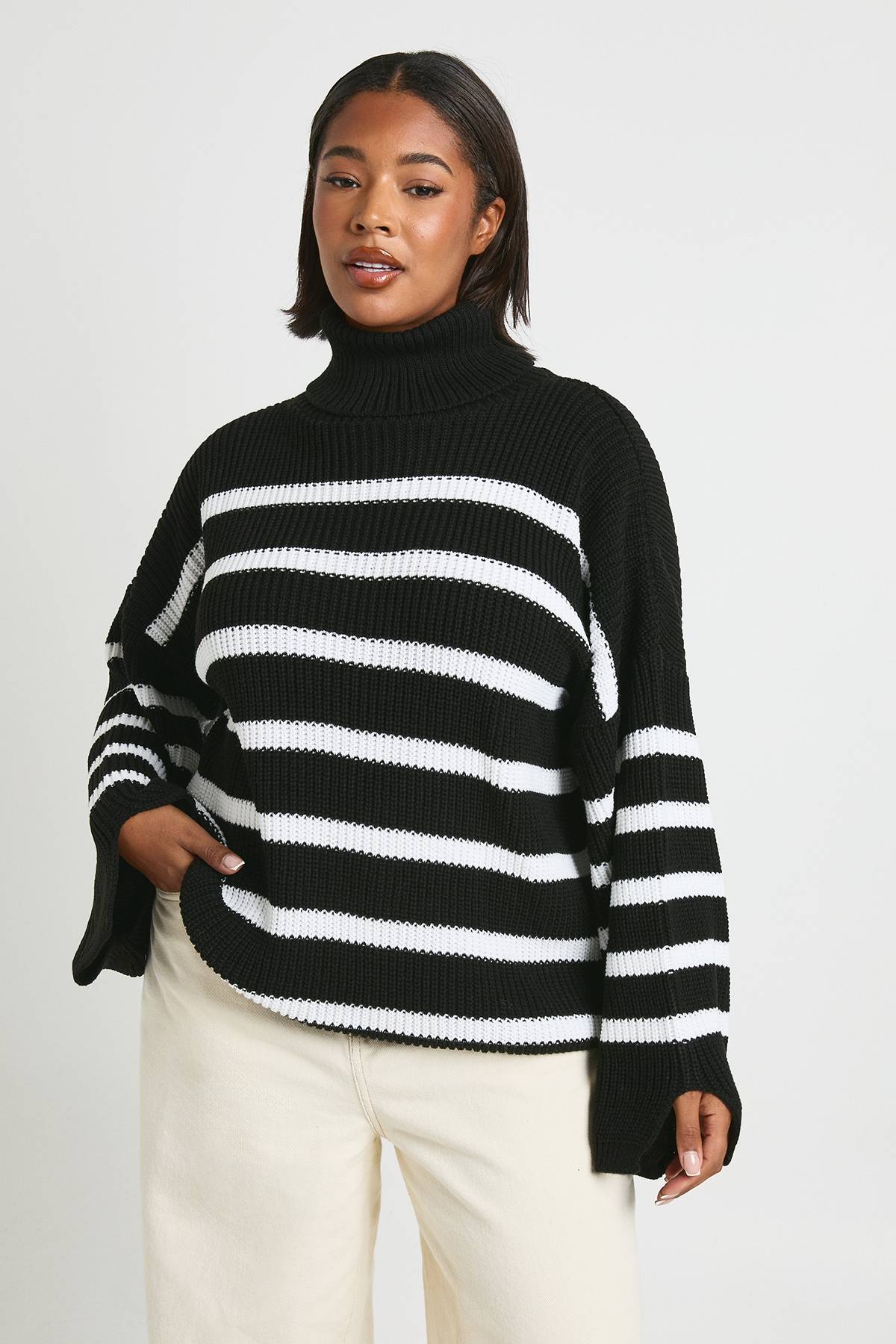 boohoo Plus Pull en Tricot à Col Roulé Rayé