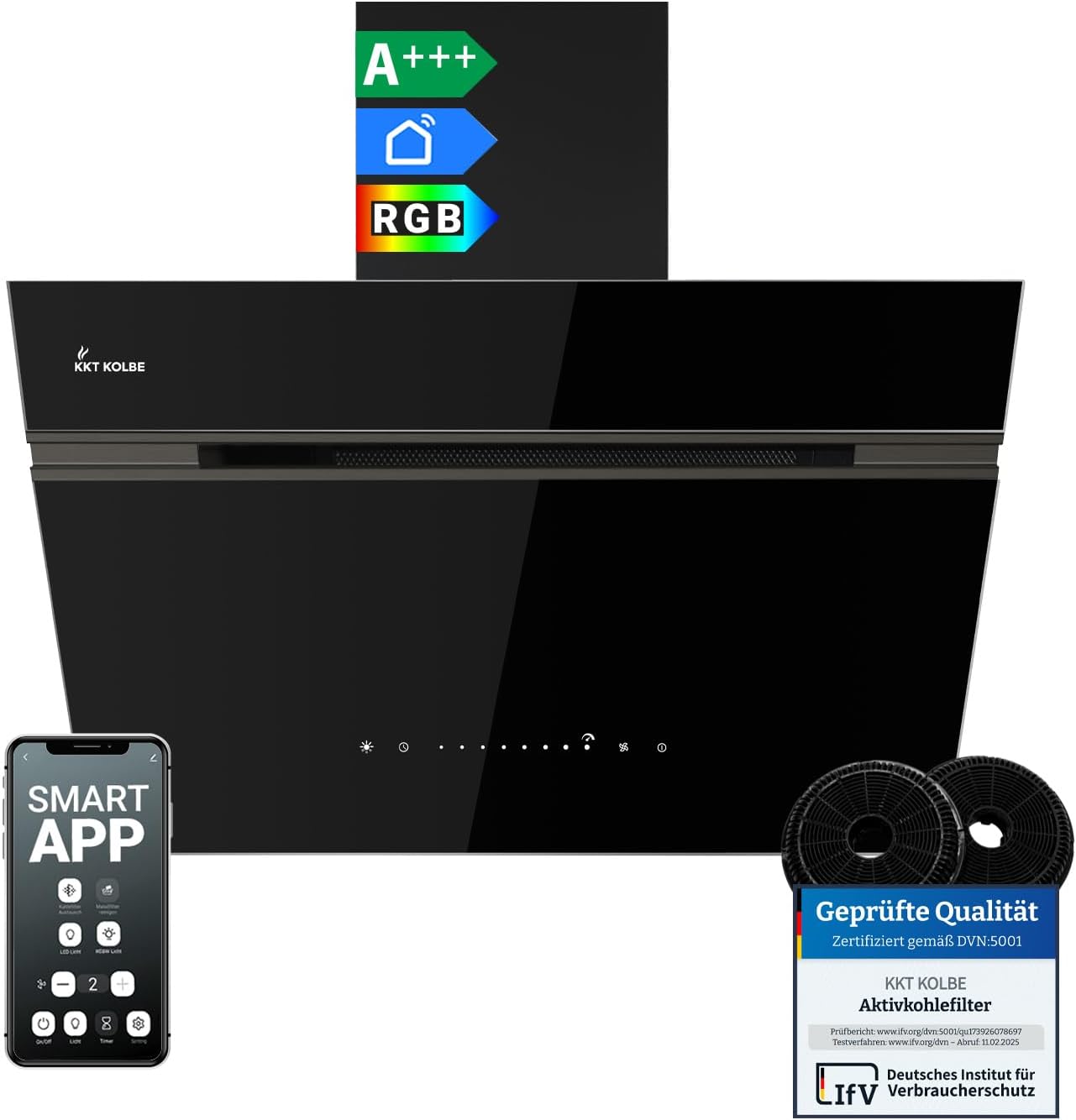 KKT KOLBE A+++ Dunstabzugshaube 60 cm 782 cbm/h Umluft Abluft Kopffrei Wandhaube | Schwarz | Glas | Nachlaufautomatik | Smart WiFi App WLAN | SensorTouch | RGBW LED-Beleuchtung | AURORA6005FB