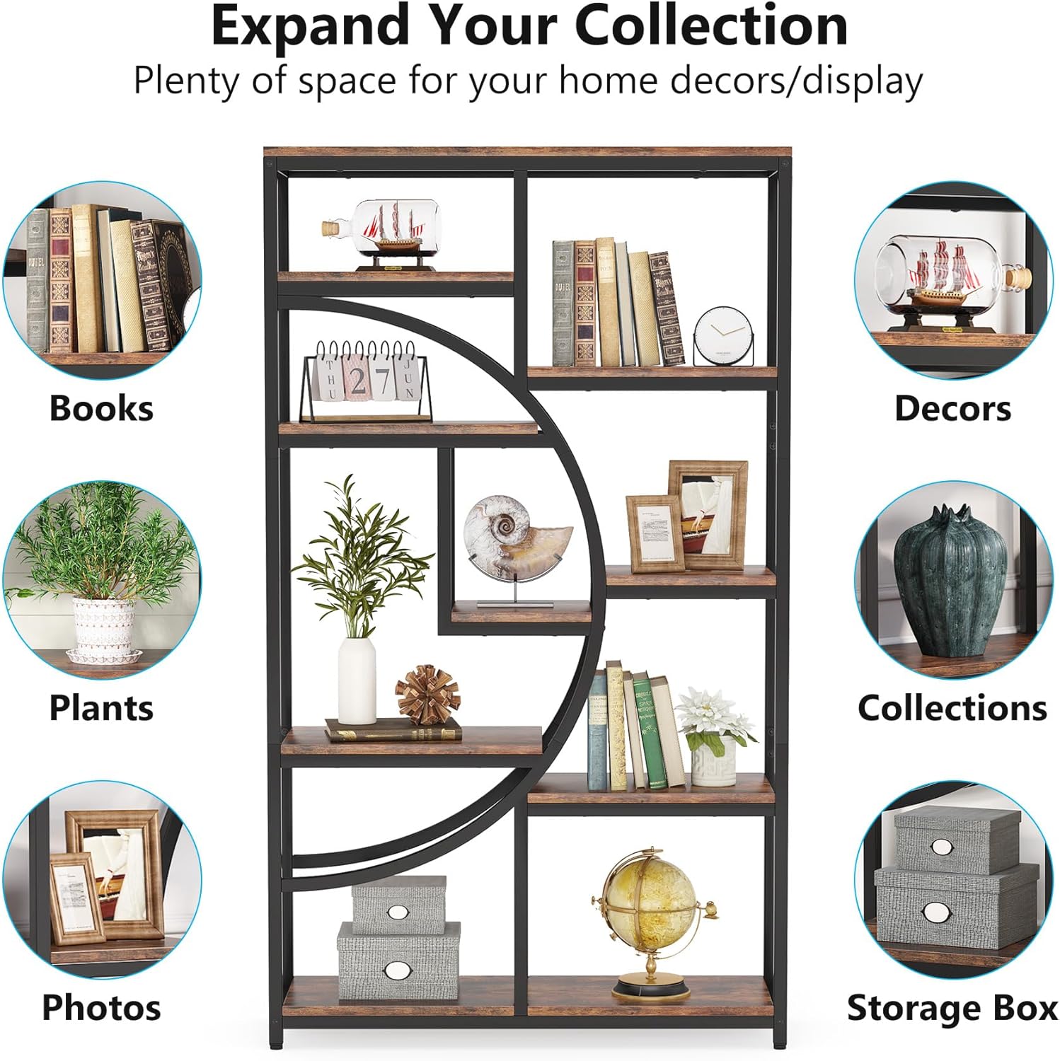Tribesigns Bücherregal, industrielles 5-stöckiges Etagere-Bücherregal, freistehend, hohe Bücherregale, Display-Regal, Aufbewahrungs-Organizer mit 9 offenen Ablageflächen für Wohnzimmer (2 Stück)