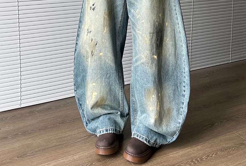 AXEN - Mid Rise Print Washed Wide Leg Jeans