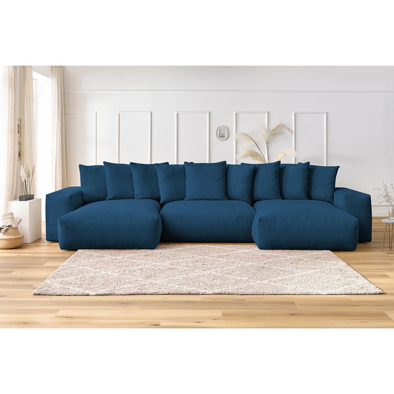 Bobochic Canapé panoramique fixe ultra moelleux voltaire velours côtelé bleu foncé - 420x174x75 cm