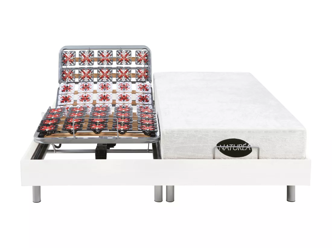 Lit électrique de relaxation tout plots + matelas mémoire de forme et bambou - 2 x 80 x 200 cm - Blanc - LYSIS III de NATUREA