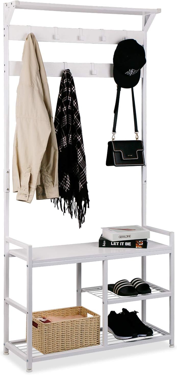Leader Accessories Garderobenständer mit Bank Metallgarderoben rustikal Kleiderständer 182x30x84cm (HxTxB) Weiß
