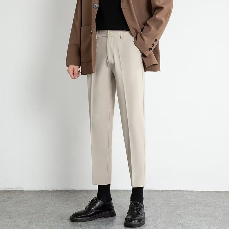 Naideth - Mid Rise Plain Cropped Straight Leg Dress Pants