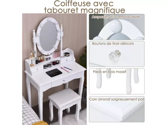 Coiffeuse avec Eclairage, Miroir Ovale, Pivotant à 360°, 10 Lumières, Tabouret Rembourré Inclus, avec 3 Tiroirs de Rangements, Blanc