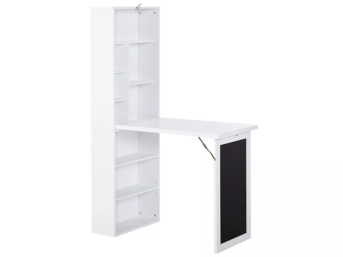 Bureau mural pliable table murale rabattable suspendue sur pied avec bibliothèque tableau à craie intégré panneaux particules blanc
