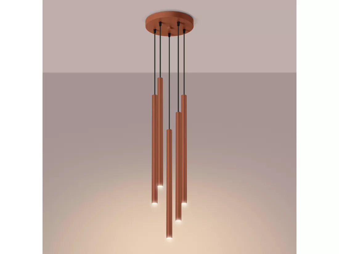 Lampe à suspension Pastelo moderne en acier - 5 sources lumineuses - L.25 x H.104 cm - ocre rouge
