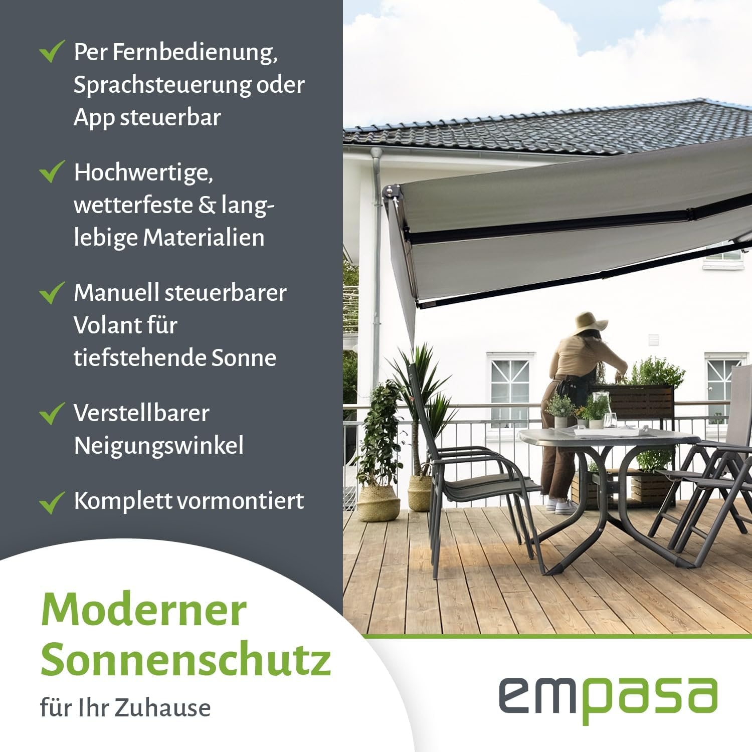 empasa elektrische Kassettenmarkise Expert Plus Markise mit WiFi-Motor Smart Home kompatibel, Terrassenüberdachung mit Volant, komplett vormontiert, Größe:3.5 x 2.5 m, Stofffarbe:Elfenbein