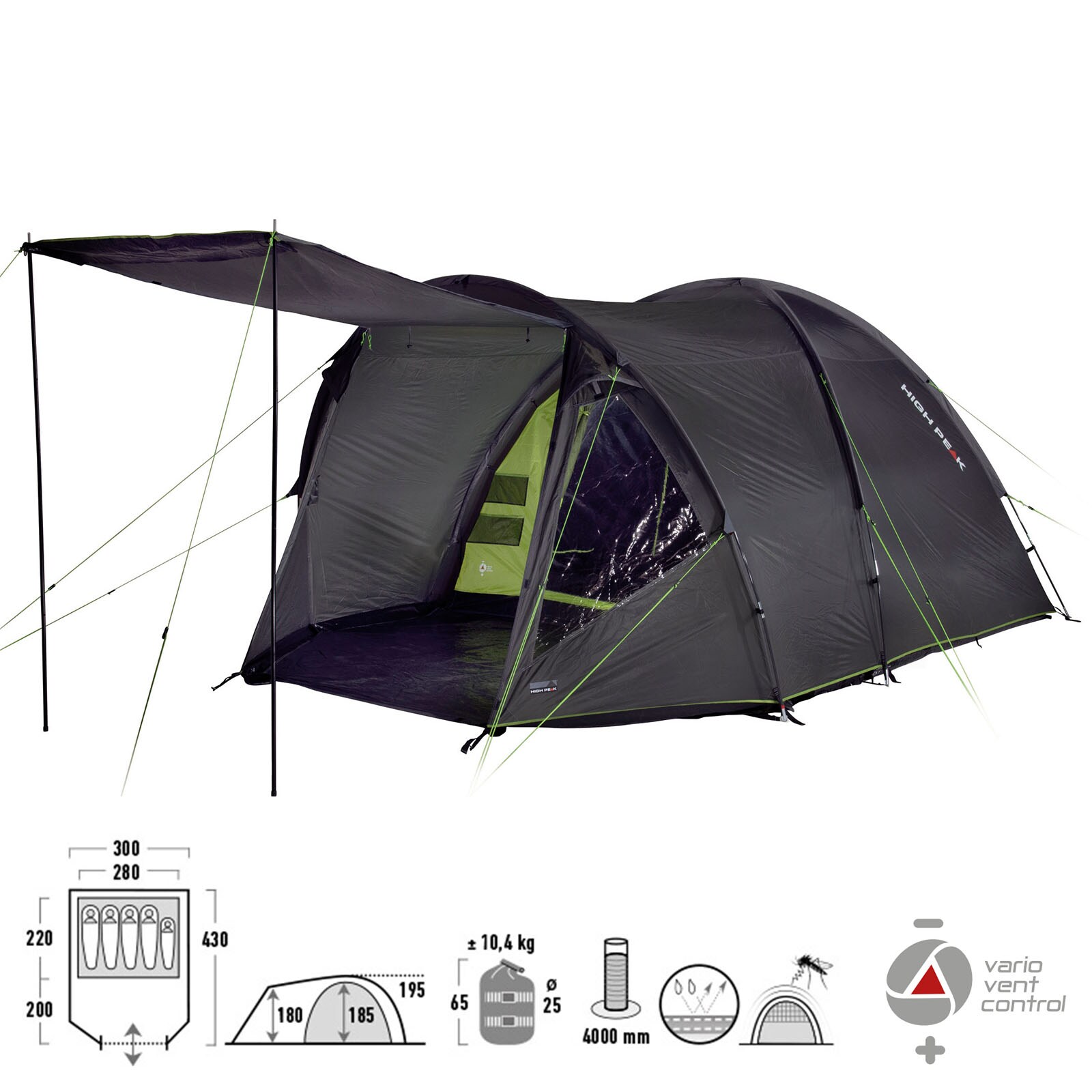 HIGH PEAK Kuppelzelt Samos 5 Familienzelt 5 Personen Camping Zelt Groß Vorraum