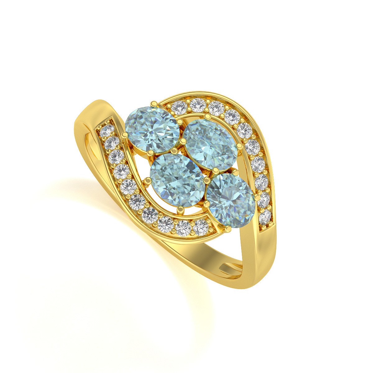 Bague ADEN Or 585 Jaune Aigue-Marine et diamants 2.91grs
