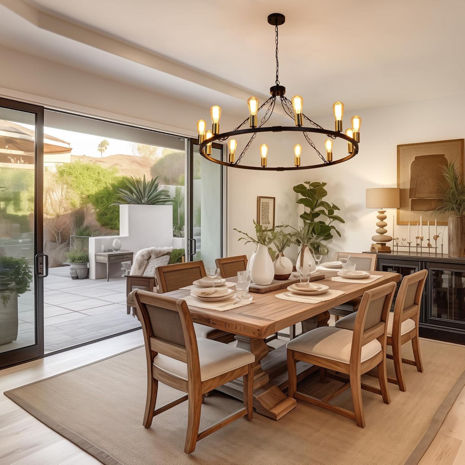 Eoodis Kronleuchter 12 Lichter Rustikaler Landhaus Stil Wagenrad Pendelleuchte Höhenverstellbar Hängelampe für Esszimmer, Küche, Wohnzimmer, Schlafzimmer (Schwarz/Gold 100cm)