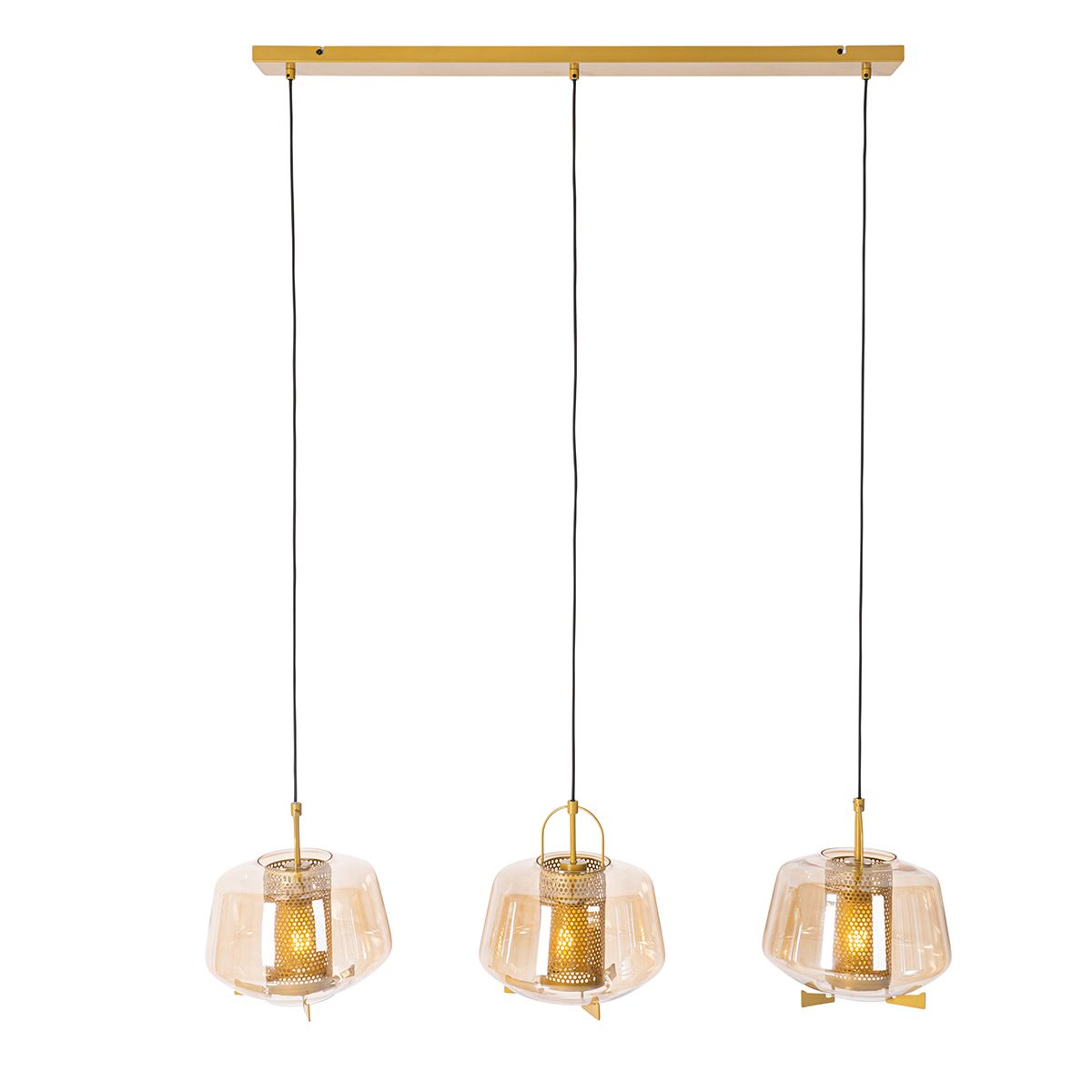 Hanglamp goud met amber glas 30 cm langwerpig 3-lichts - Kevin