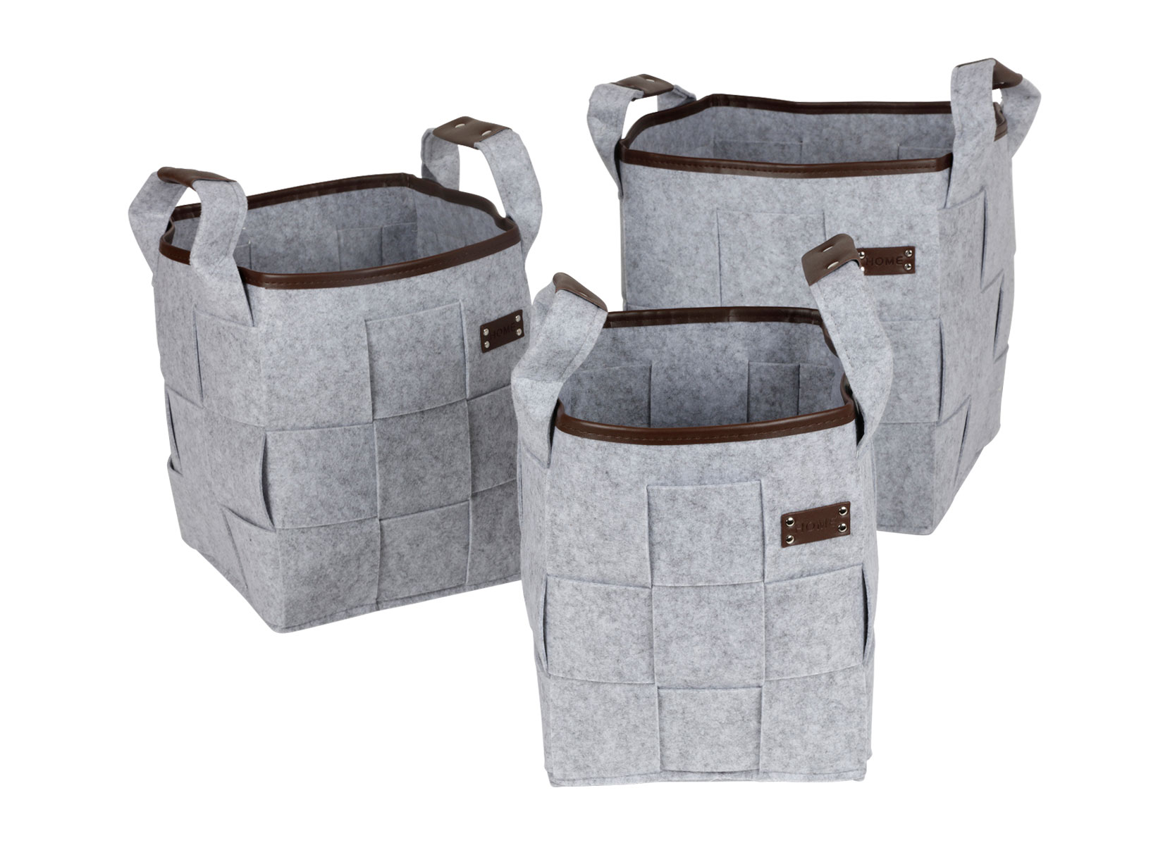 Flechtkörbe-Set aus Filz mit Kunstleder 3-teilig Grau