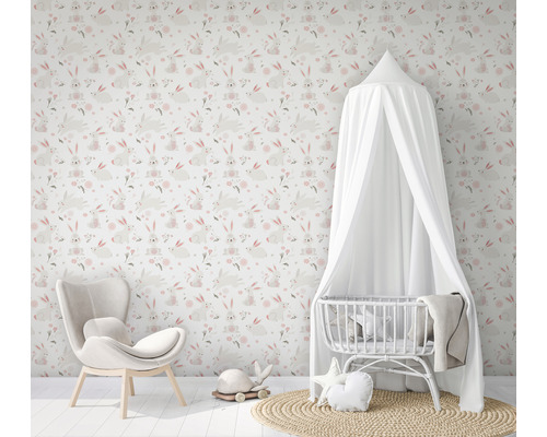 Vliesbehang 45860 Kindermuren Konijnen roze grijs wit