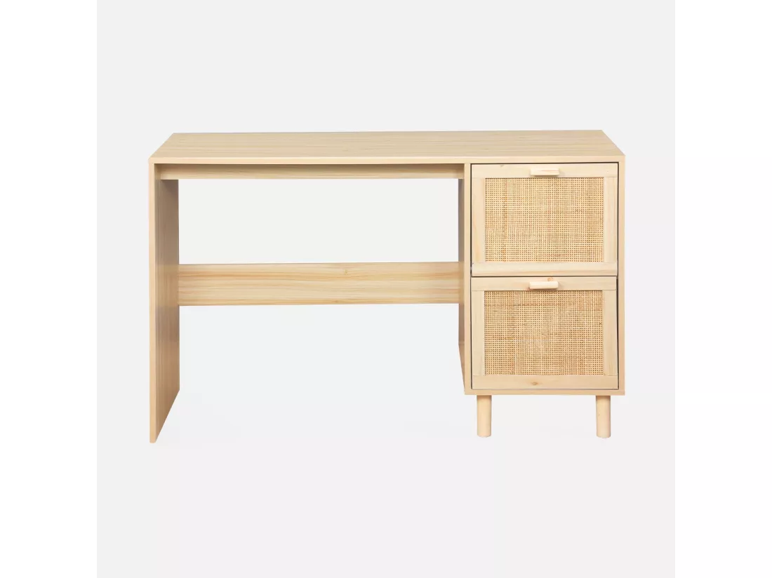 Bureau décor bois et cannage - Camargue - 120cm. 2 tiroirs