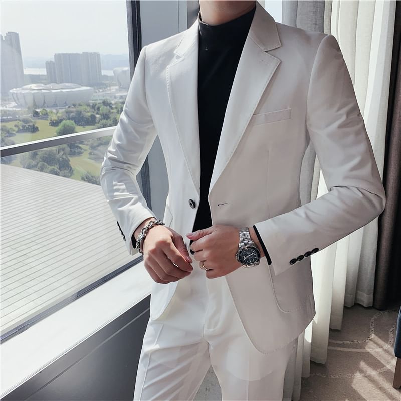 Blueforce - Effen blazer met één knoop / Hoge taille rechte broek / Set