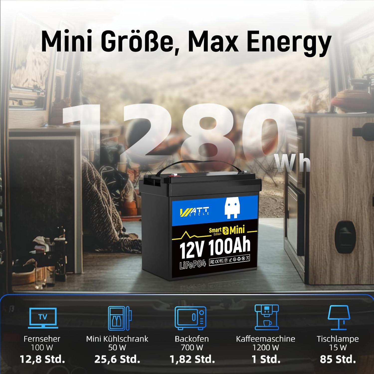 WattCycle 12V 100Ah LiFePO4 Lithiumbatterie mit Bluetooth,12V Mini Batterie 100A Smart BMS,Unterstützung der Batterieüberwachung über Bluetooth-App,15000 Tiefentladezyklen,für Wohnmobil,Wohnwagen,RVs