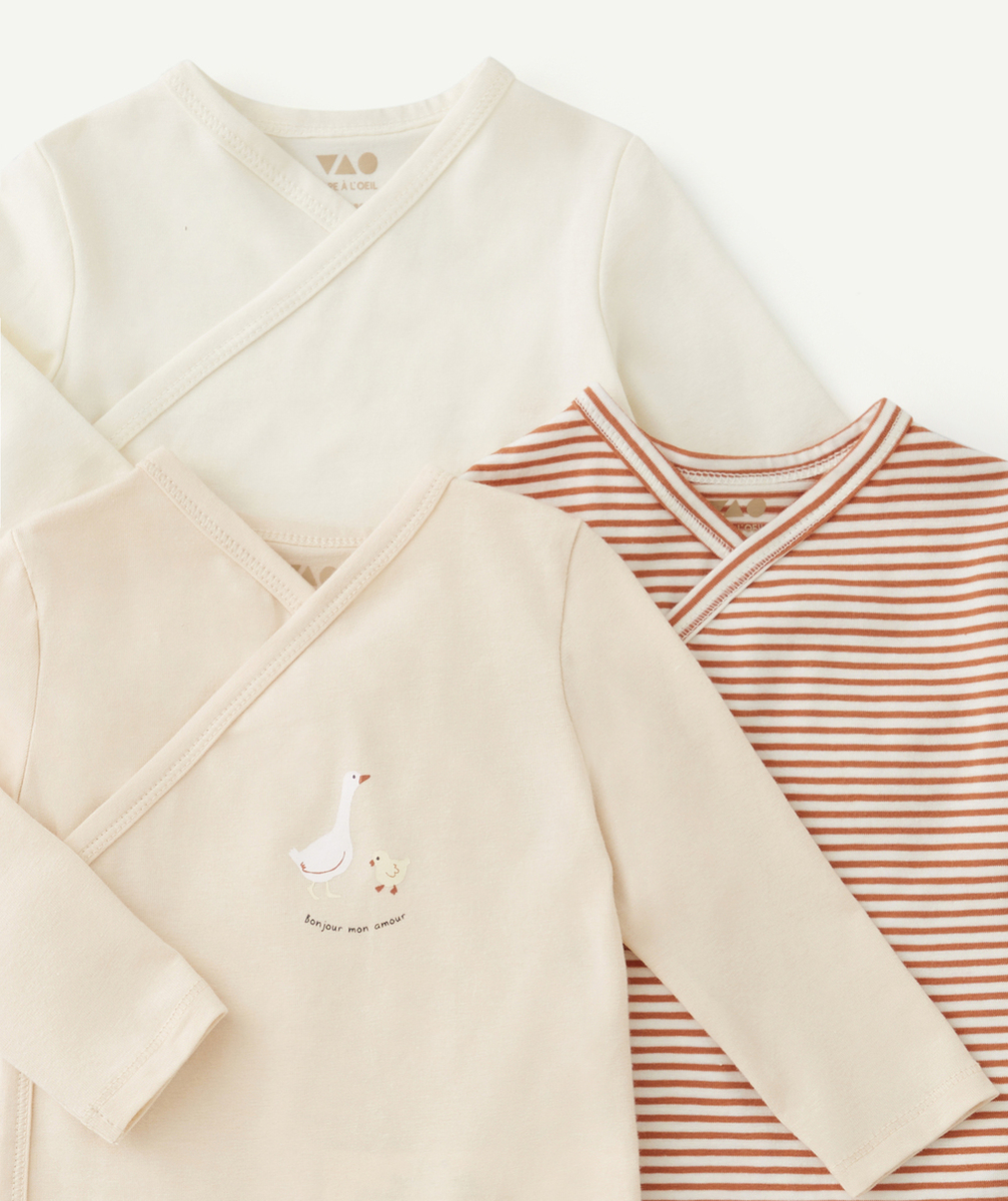 LOT DE 3 BODIES EN COTON BIOLOGIQUE BEIGE ÉCRU ET RAYÉ