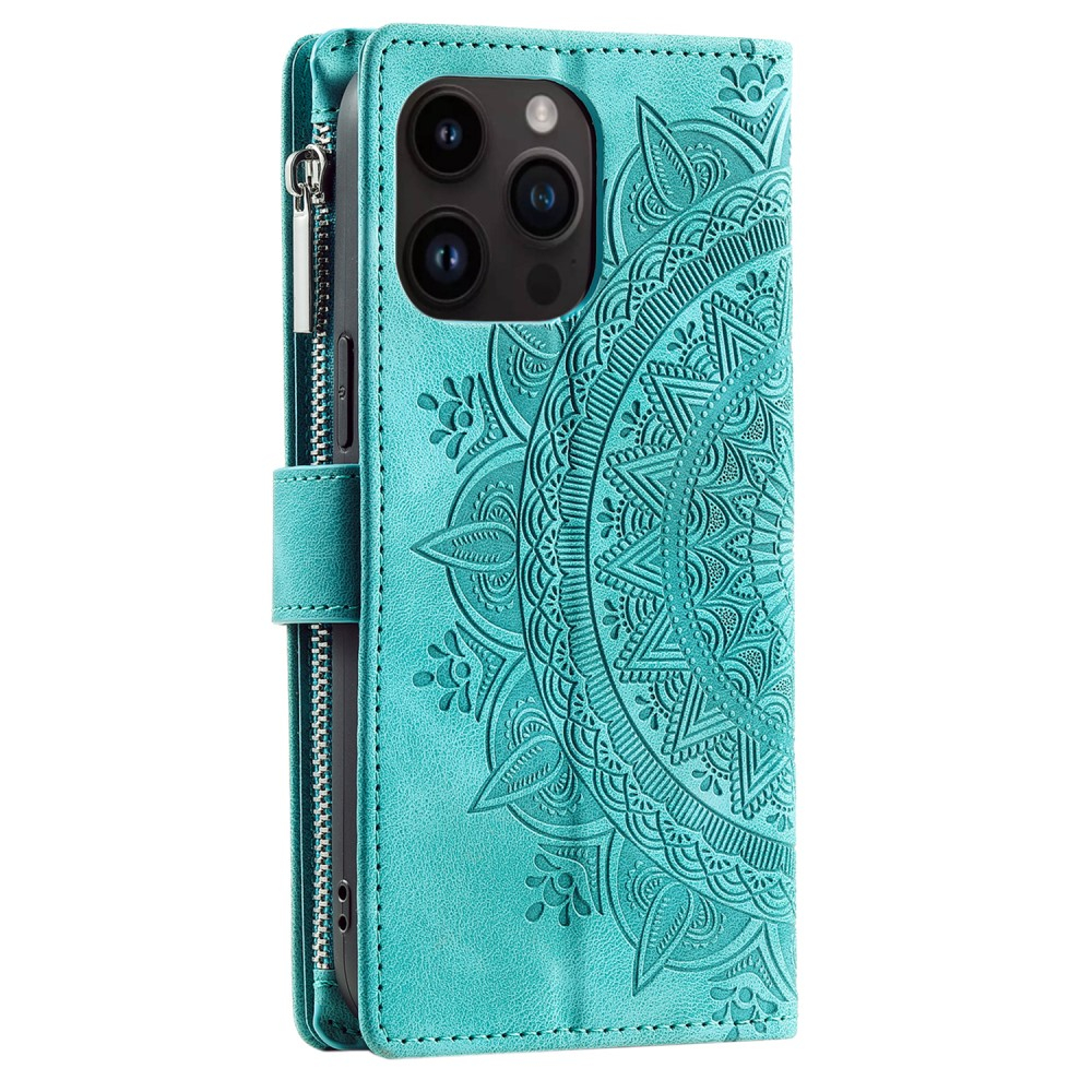 iPhone 16 Pro Max Leder Tasche Flip Cover mit Reissverschluss - Mandala Flowers Imprint - Türkis