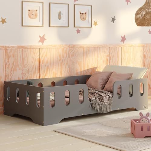smartwood Kinderbed 80x180 Grijs - Montessori bed van FSC-gecertificeerd hout, met valbeveiliging en lattenbodem, belastbaar tot 230 kg - Eenvoudige montage - TILA 2