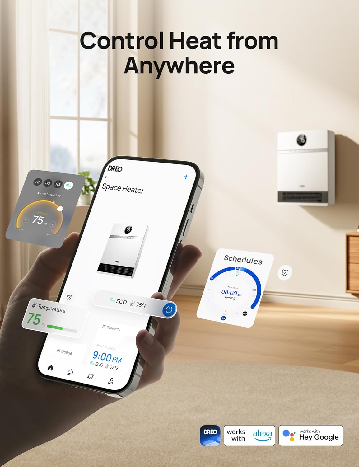 Dreo Chauffage mural intelligent - Fougère de sortie à 30° - 1500 W - Thermostat réglable - Télécommande - Minuterie - Chauffage Easy-Mount pour une utilisation en intérieur - Fonctionne avec Alexa