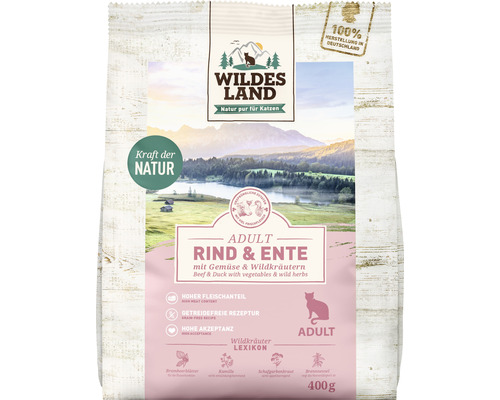 WILDES LAND droogvoer voor katten, rundvlees en eend met groenten uit de tuin en waardevolle superfoods, graanvrij, glutenvrij, 400 g