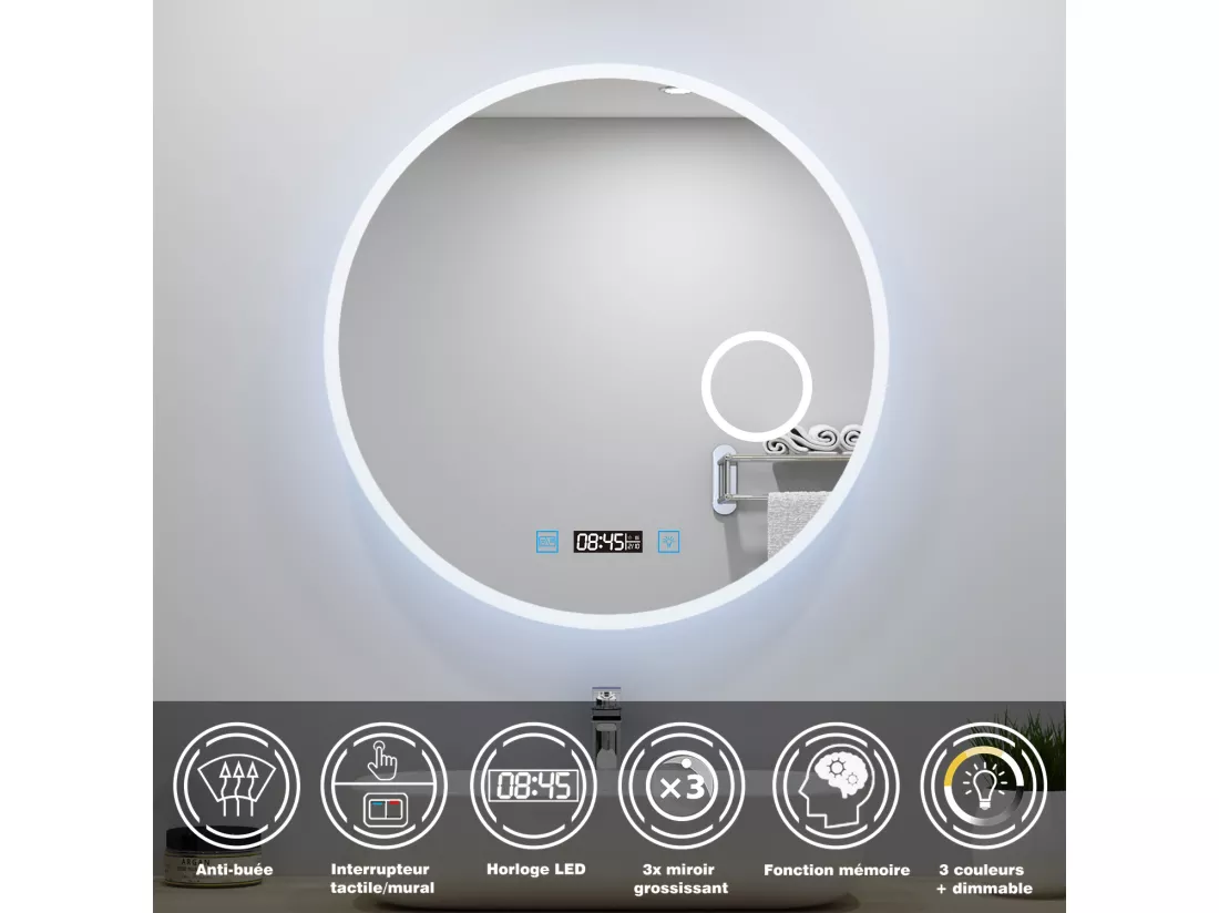 Miroir lumineux Rond 70cm avec Horloge + 3 Couleurs + Dimmable + Anti-buée + grossissant 3x