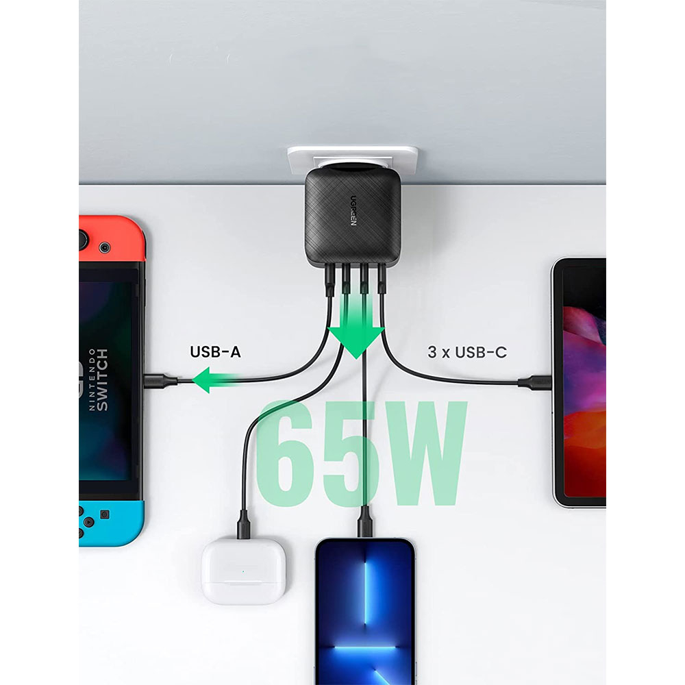 (65W) GaN 3-fach USB C / USB A Ladegerät PD 3.0 / QC 4.0 Netzteil (70774) - Schwarz / Grau