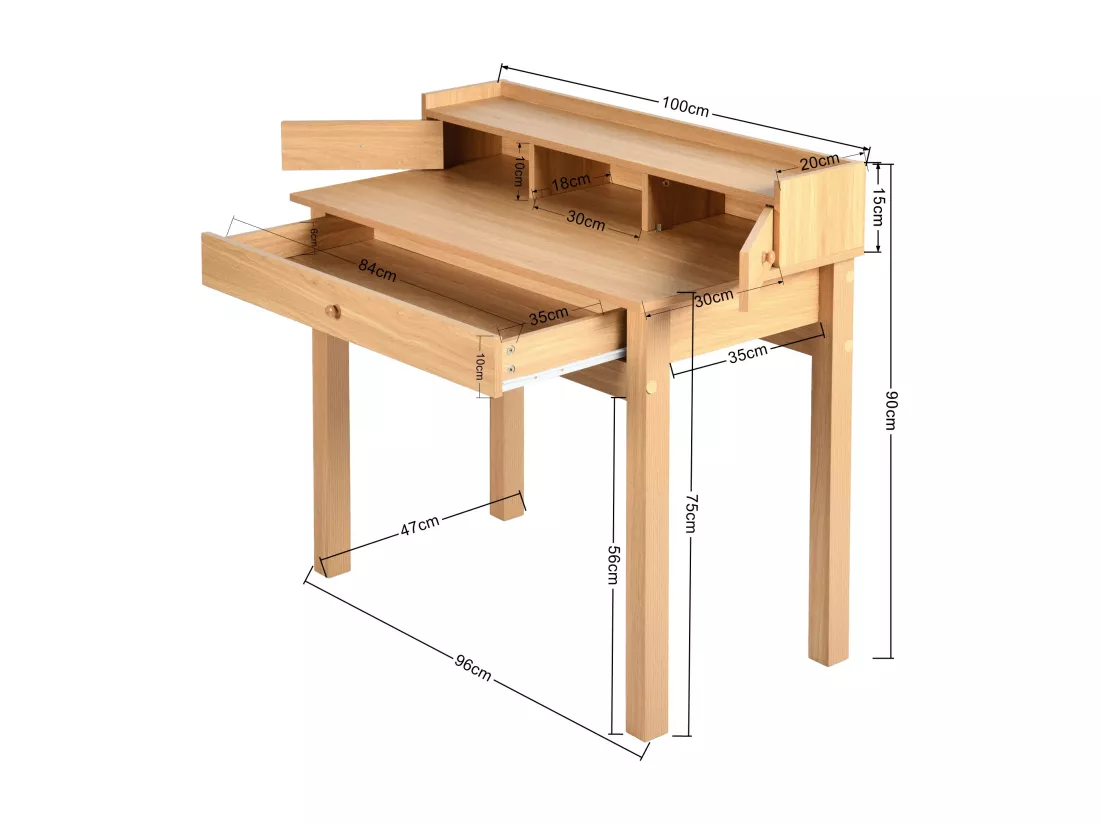 URBAN MEUBLE Bureau scandinave bois nature avec tiroirs et rangement avec strcture en bois 100*50*75.5-90.5cm
