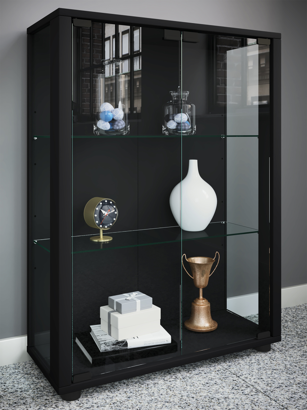 Standvitrine SINTALO - schwarz - mit Beleuchtung - 60 cm breit