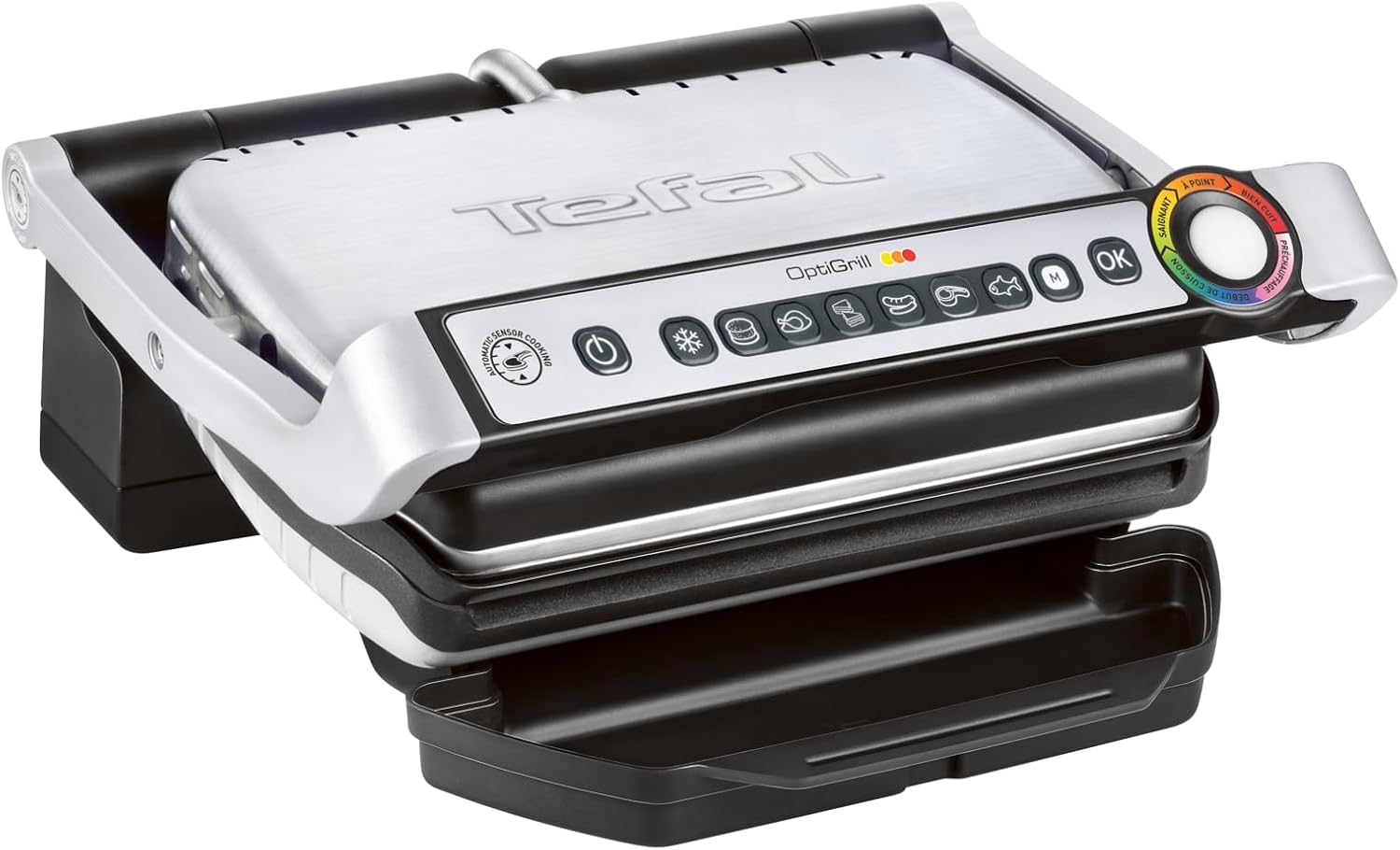 Tefal OptiGrill Kontaktgrill, 6 automatische Programme, Garstufenanzeige, passt Temperatur und Grillzyklus ans Grillgut an, antihaftbeschichtete abnehmbare Platten, Elektrogrill, Edelstahl, GC705D16