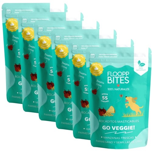 FlooppBITES petiscos macios e naturais, sabor vegetariano, para cães.