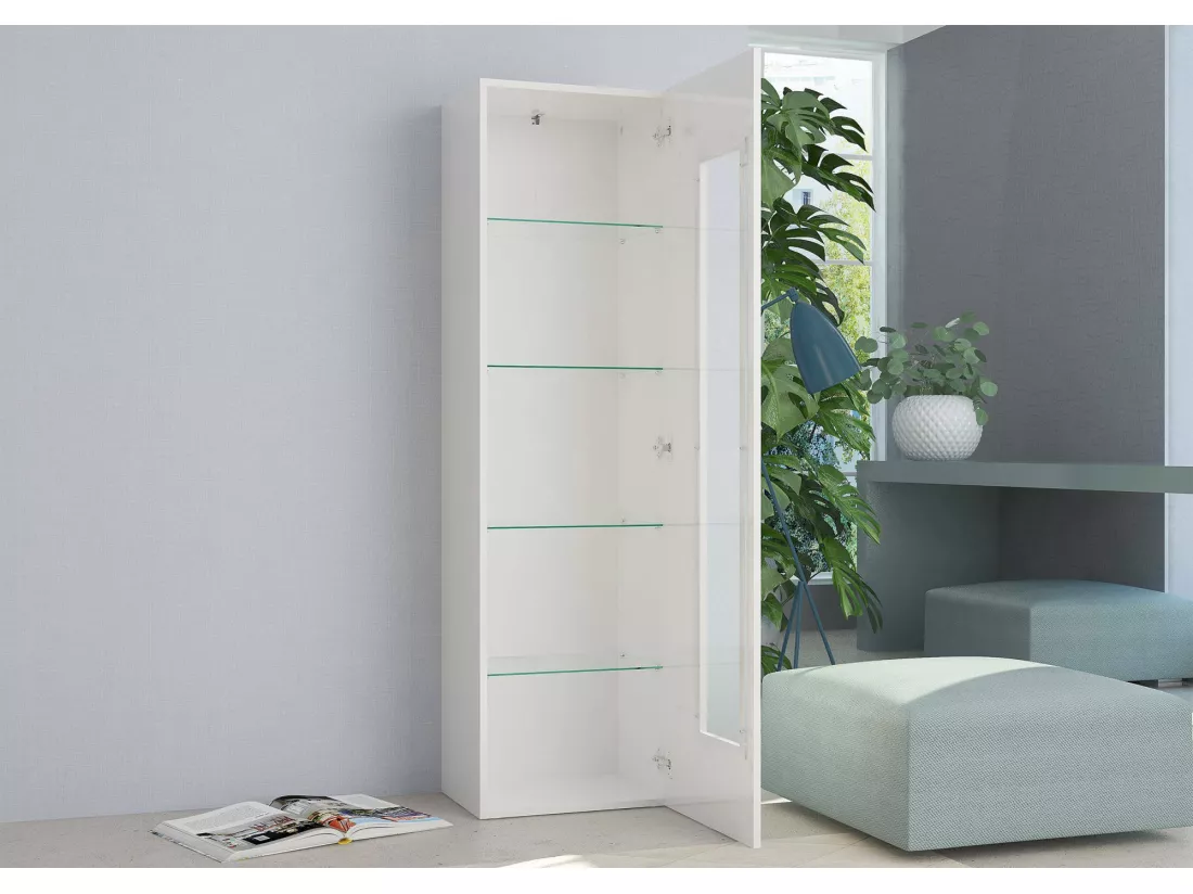 Vitrine Dizz, Buffet avec porte vitrée, Meuble de salon polyvalent, 100% Made in Italy, 45x34h162 cm, Blanc brillant