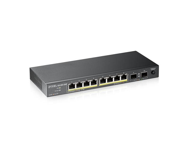 Zyxel PoE  Switch GS1100-10HP v2 10 Port Lüfterloser Unmanaged-Gigabit-Switch mit PoE  und 2x Fiber-Uplink