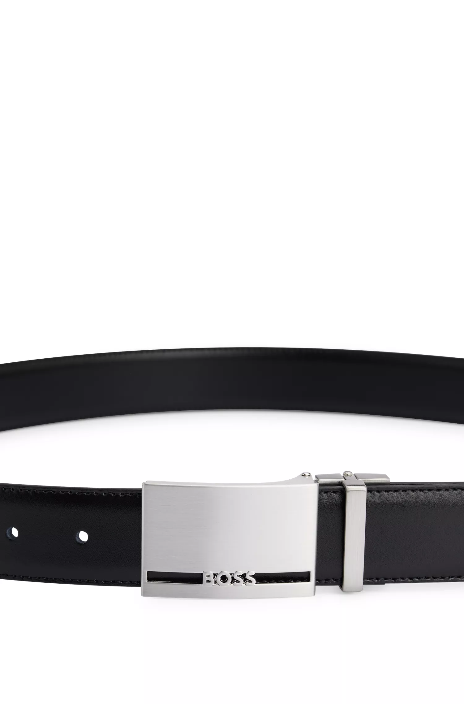 Cinto reversível BOSS em couro italiano preto com passador de cinto personalizado.