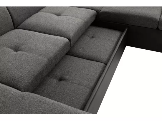 Canapé d'Angle Panoramique 6 Places Paola Convertible en Simili et Tissu Avec Coffres - Gris/Noir - L322 x P196 x H76cm - Loungitude