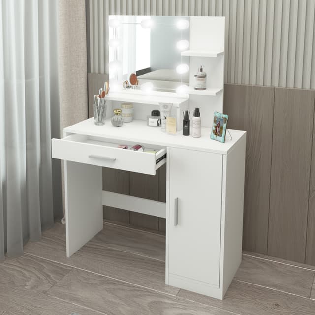 ML Design toiletbord hvid, frisørbord med LED-belysning, spejl, 1 skuffe, 3 rum