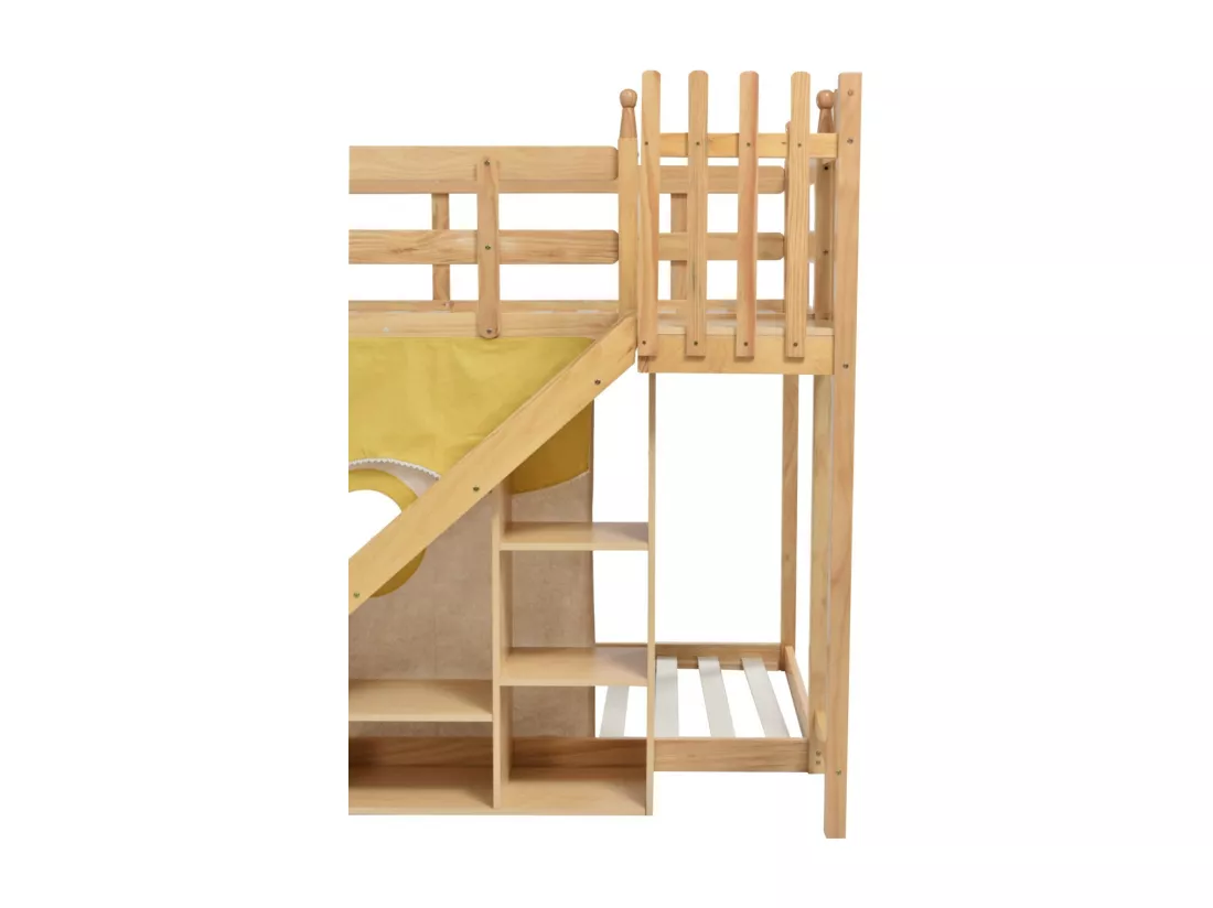 Lits superposés 2 x 90 x 200 cm avec rangements, escaliers, clôtures, rideau, toboggan - cadre en pin - Naturel et blanc