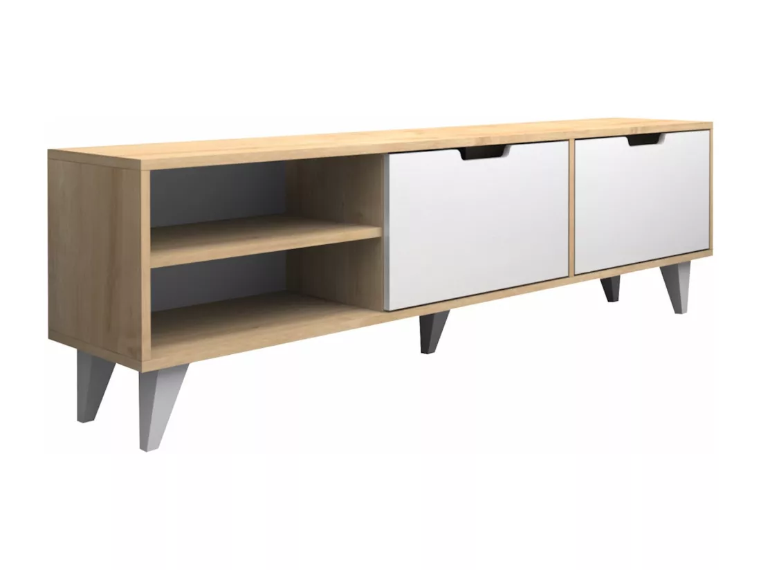 Meuble TV avec 2 portes et 2 niches - Blanc et Naturel - CORENIA