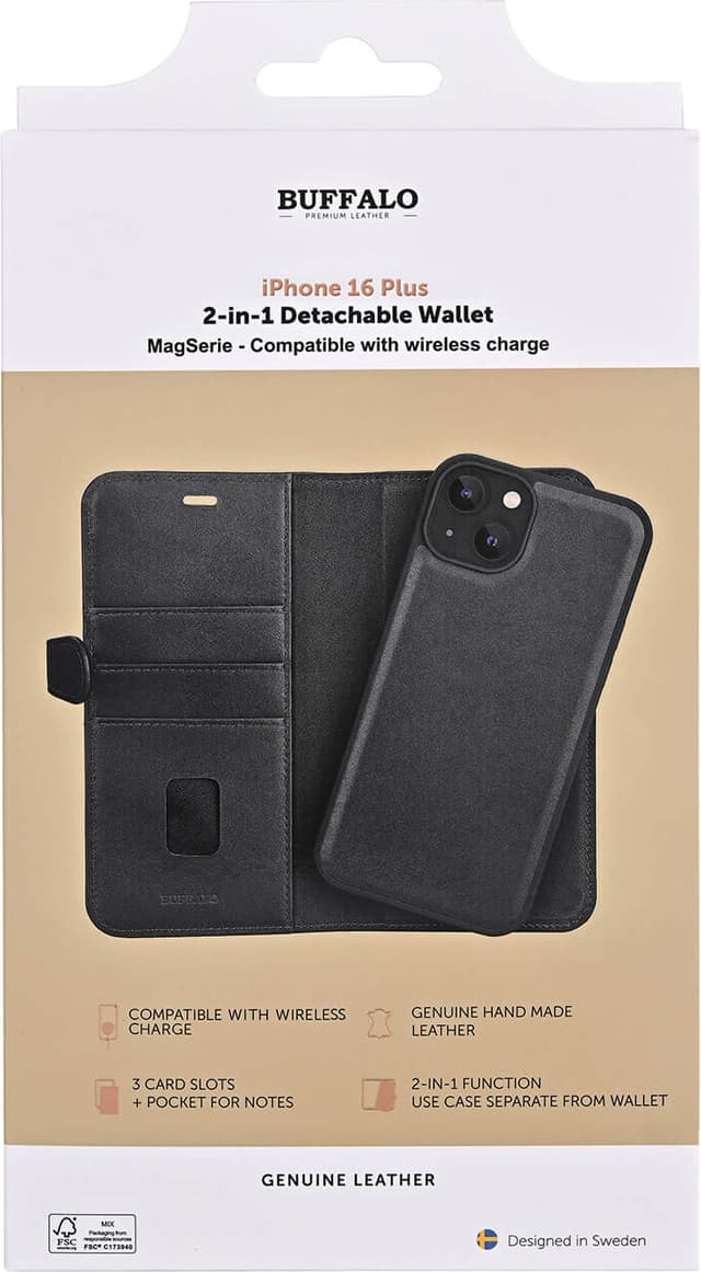 Buffalo iPhone 16 Plus 2in1 Leather MagSeries pungetui (sort)
